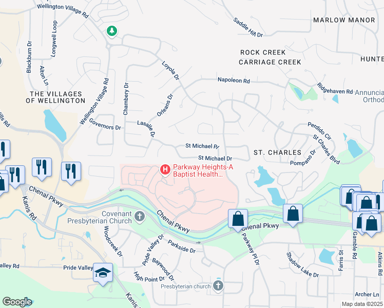 map of restaurants, bars, coffee shops, grocery stores, and more near 14200 Saint Michael Drive in Little Rock