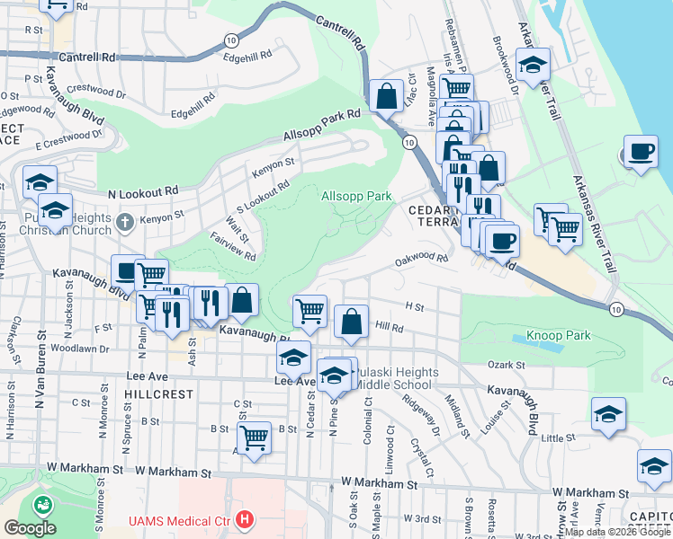 map of restaurants, bars, coffee shops, grocery stores, and more near 3900 Oakwood Road in Little Rock