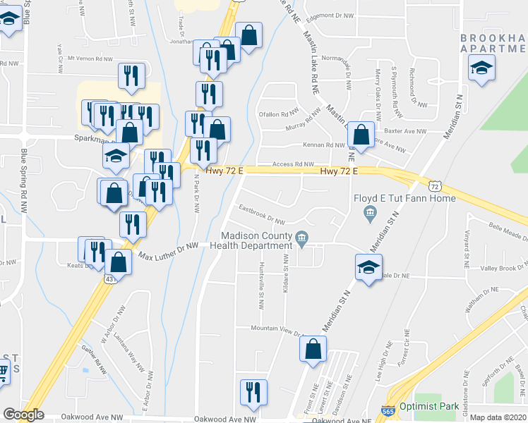 map of restaurants, bars, coffee shops, grocery stores, and more near 608 Eastbrook Drive Northwest in Huntsville