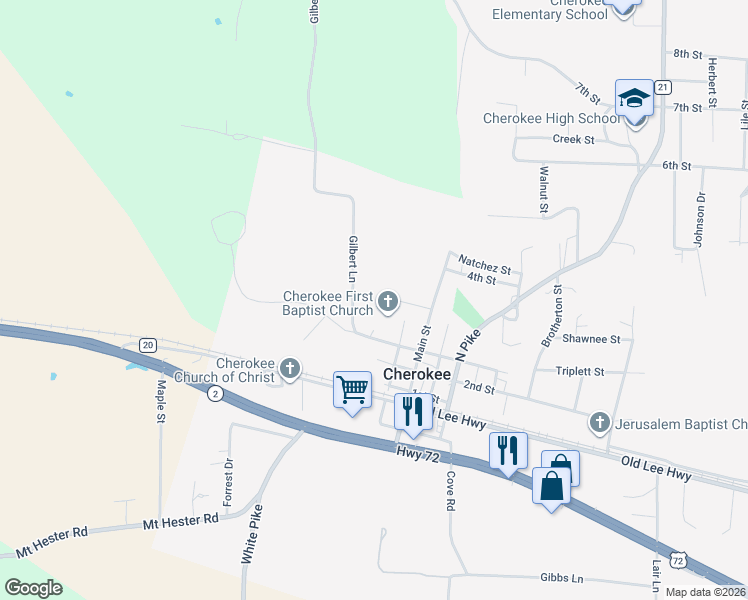 map of restaurants, bars, coffee shops, grocery stores, and more near 86-350 Gilbert Lane in Cherokee