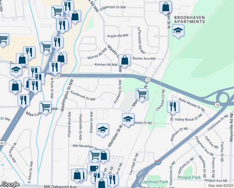 map of restaurants, bars, coffee shops, grocery stores, and more near 500 Eastbrook Drive Northwest in Huntsville