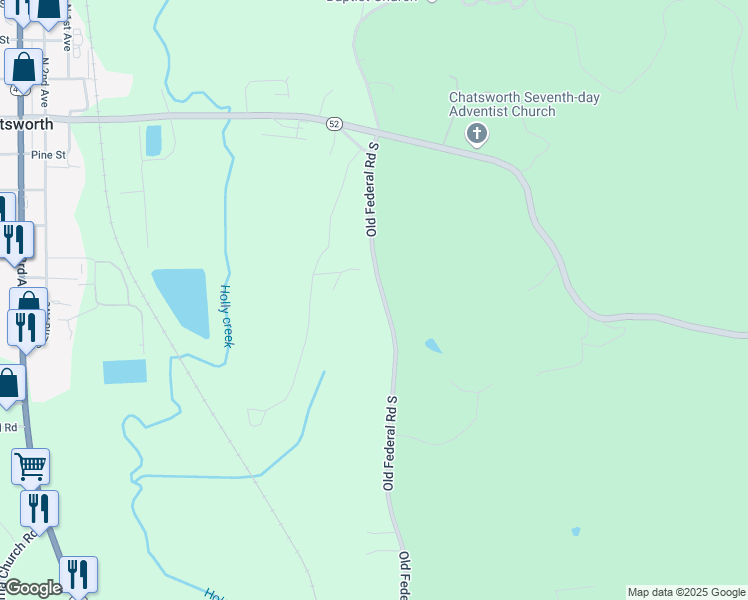 map of restaurants, bars, coffee shops, grocery stores, and more near 411 Old Federal Road South in Chatsworth
