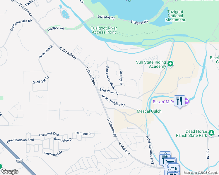 map of restaurants, bars, coffee shops, grocery stores, and more near 956 Red Tail Hawk Drive in Clarkdale