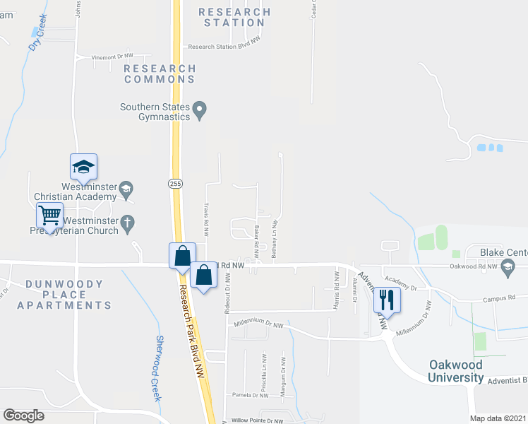 map of restaurants, bars, coffee shops, grocery stores, and more near 1820 Bethany Lane Northwest in Huntsville