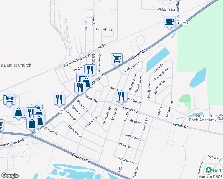 map of restaurants, bars, coffee shops, grocery stores, and more near 615 Pollock Street in North Little Rock