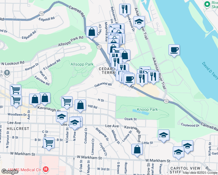map of restaurants, bars, coffee shops, grocery stores, and more near 25 Oakwood Road in Little Rock