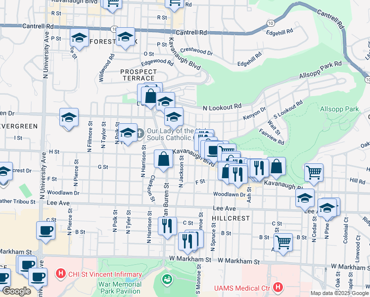 map of restaurants, bars, coffee shops, grocery stores, and more near 3124A Kavanaugh Boulevard in Little Rock