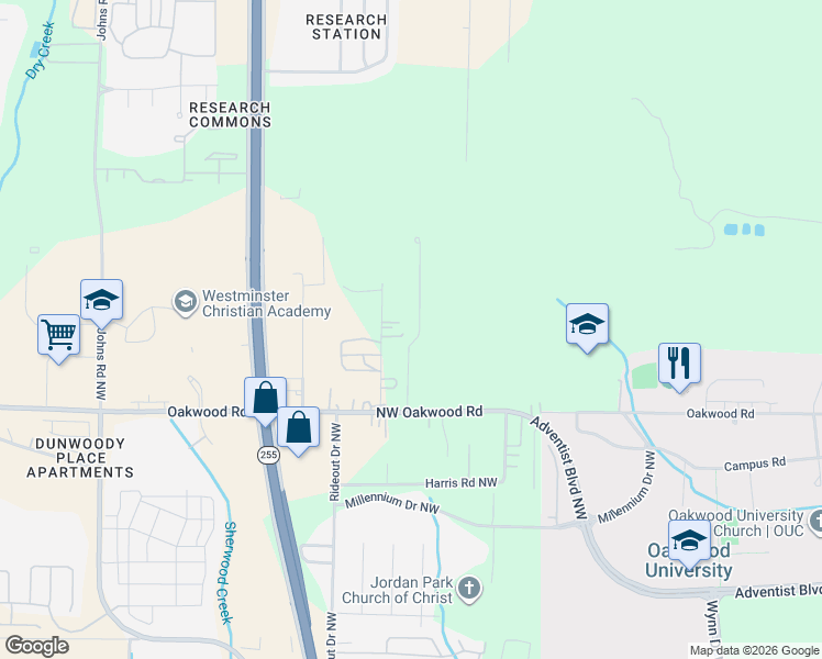 map of restaurants, bars, coffee shops, grocery stores, and more near 1820 Bethany Lane Northwest in Huntsville