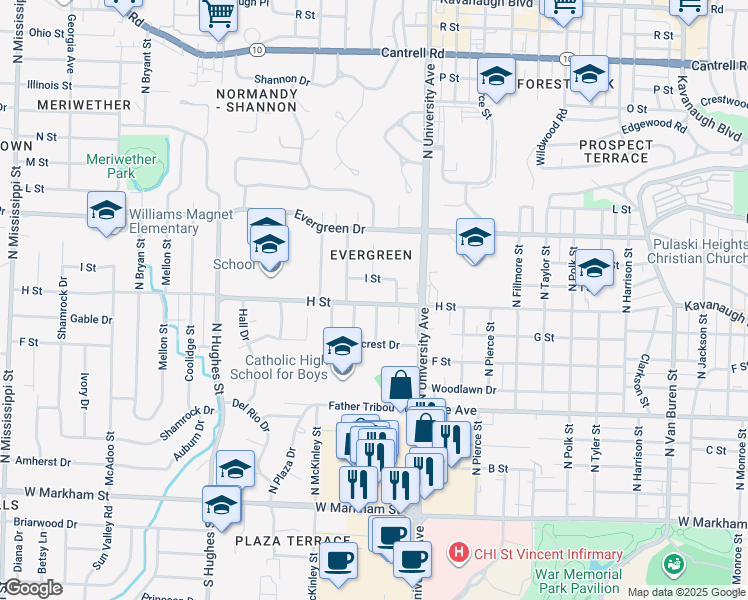 map of restaurants, bars, coffee shops, grocery stores, and more near 6224 H Street in Little Rock