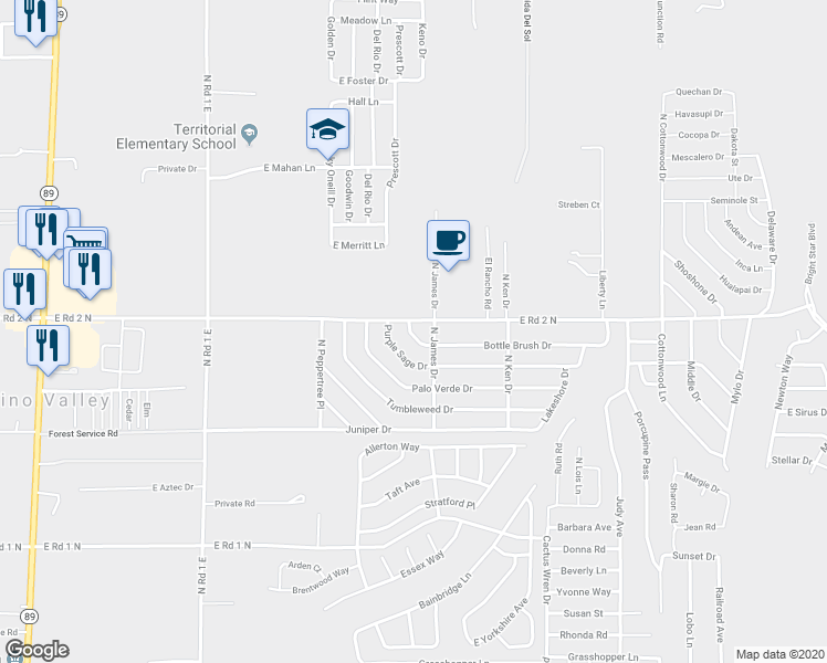 map of restaurants, bars, coffee shops, grocery stores, and more near 995 North Bottlebrush Drive in Chino Valley