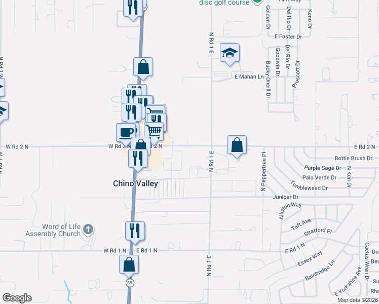map of restaurants, bars, coffee shops, grocery stores, and more near 899 East Road 2 North in Chino Valley