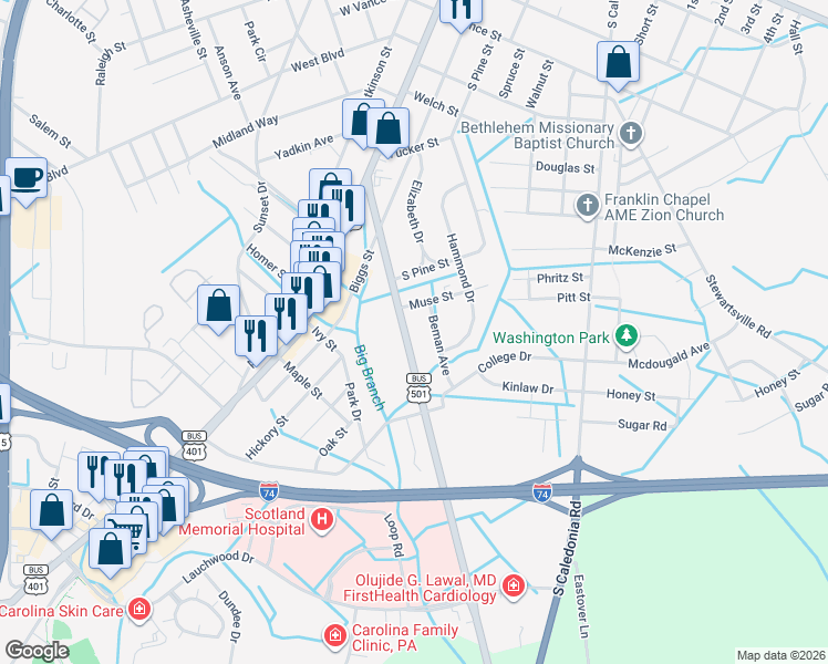 map of restaurants, bars, coffee shops, grocery stores, and more near 419 Beman Avenue in Laurinburg