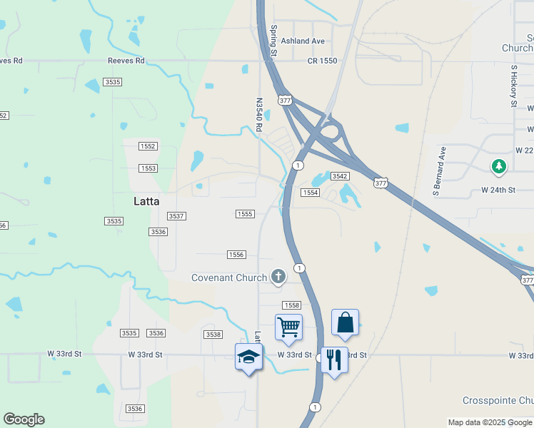 map of restaurants, bars, coffee shops, grocery stores, and more near 1700 West 25th Street in Ada