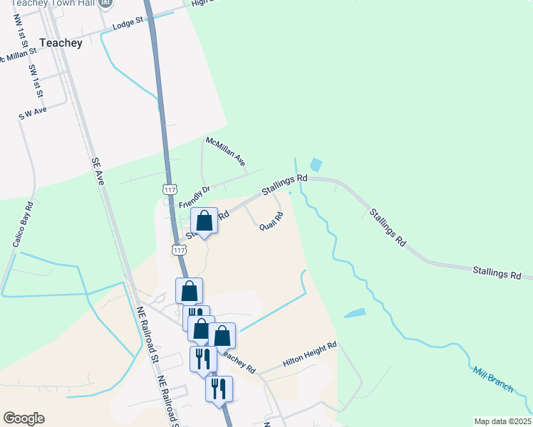 map of restaurants, bars, coffee shops, grocery stores, and more near 159 Quail Road in Teachey