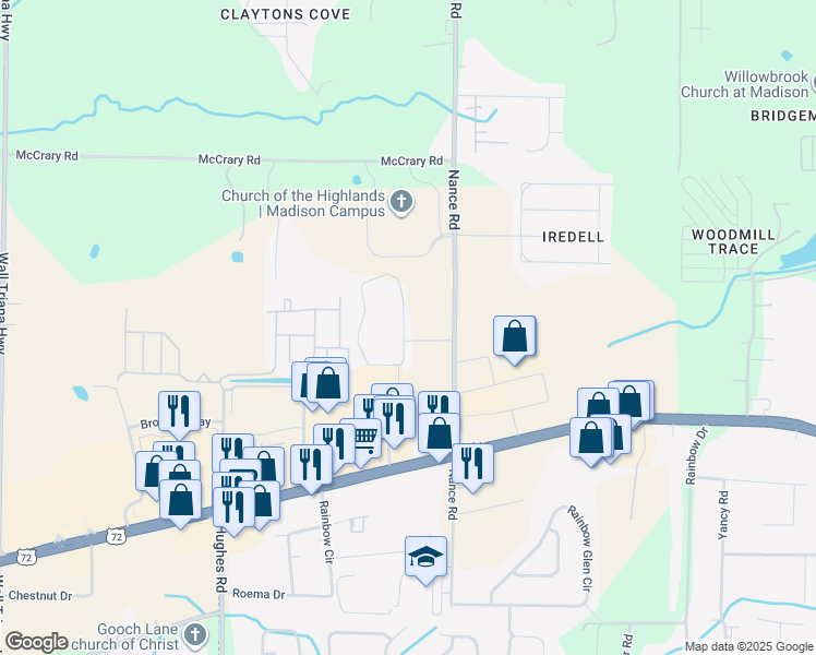 map of restaurants, bars, coffee shops, grocery stores, and more near 158-236 Nance Road in Madison