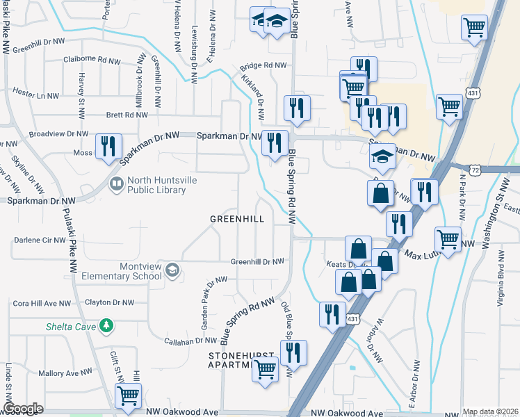 map of restaurants, bars, coffee shops, grocery stores, and more near 2624 Rockwell Road Northwest in Huntsville
