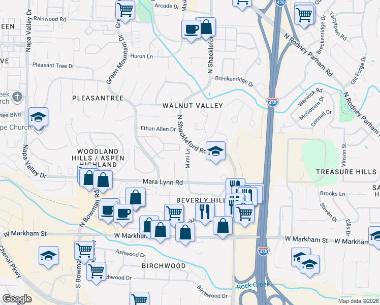 map of restaurants, bars, coffee shops, grocery stores, and more near 720 North Shackleford Road in Little Rock