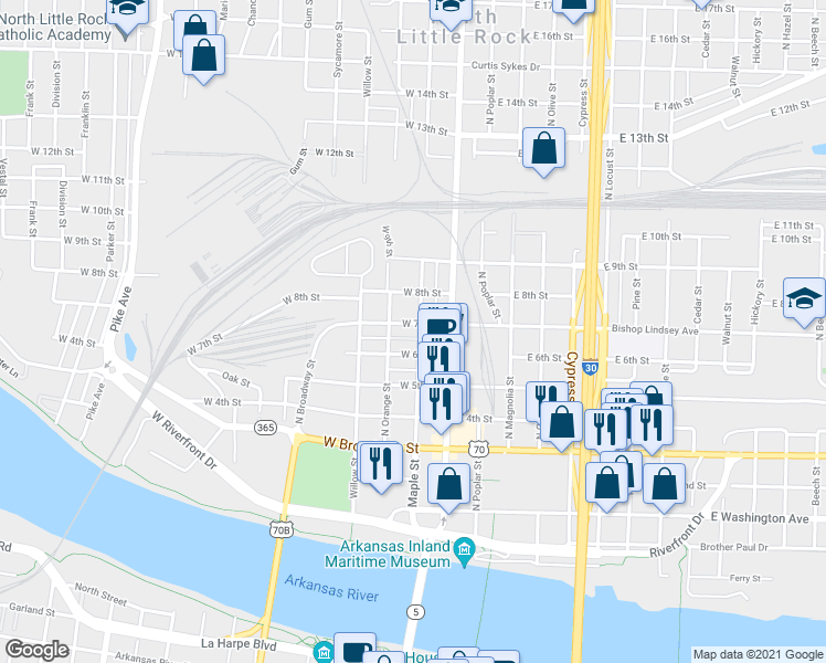 map of restaurants, bars, coffee shops, grocery stores, and more near 620 N Maple St in North Little Rock