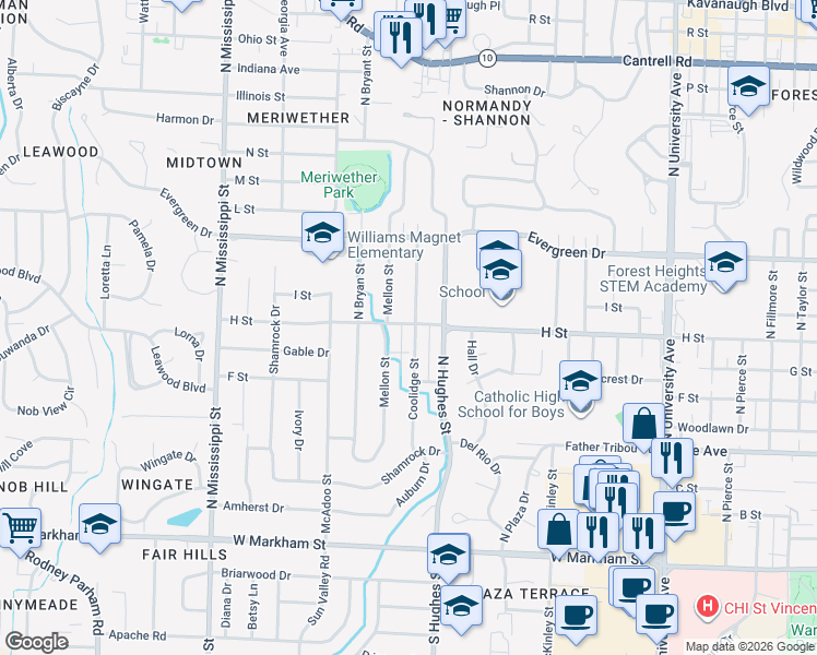map of restaurants, bars, coffee shops, grocery stores, and more near 807 North Coolidge Street in Little Rock