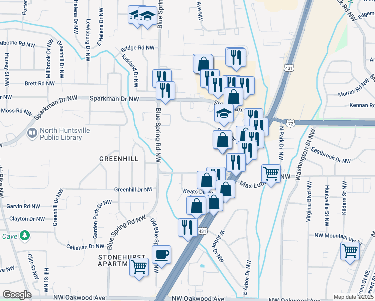 map of restaurants, bars, coffee shops, grocery stores, and more near 2061 Poole Drive Northwest in Huntsville