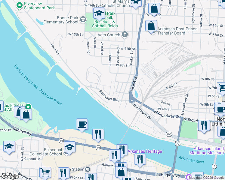 map of restaurants, bars, coffee shops, grocery stores, and more near 1302 West 4th Street in North Little Rock