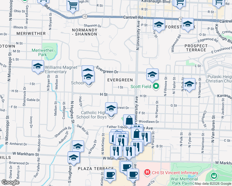 map of restaurants, bars, coffee shops, grocery stores, and more near 6224 H Street in Little Rock
