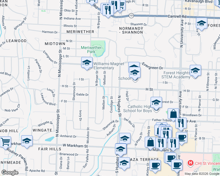 map of restaurants, bars, coffee shops, grocery stores, and more near 807 North Coolidge Street in Little Rock