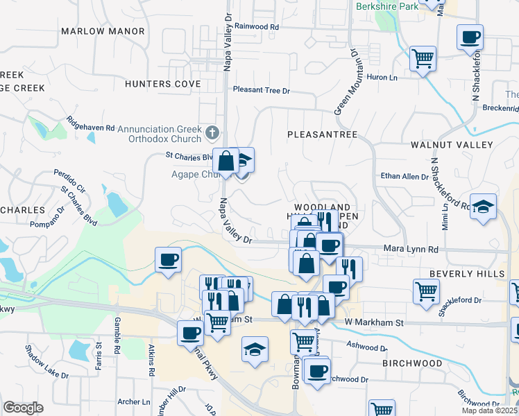map of restaurants, bars, coffee shops, grocery stores, and more near 601 Napa Valley Drive in Little Rock