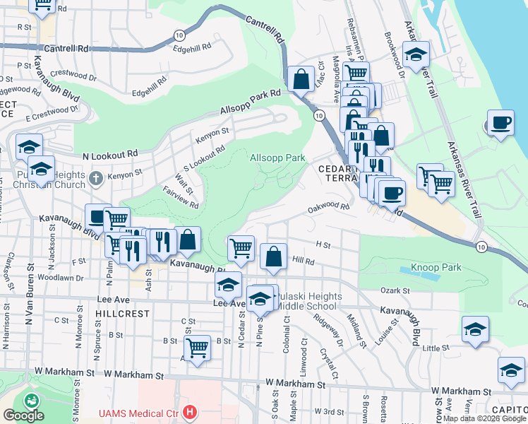 map of restaurants, bars, coffee shops, grocery stores, and more near 3900 Oakwood Road in Little Rock