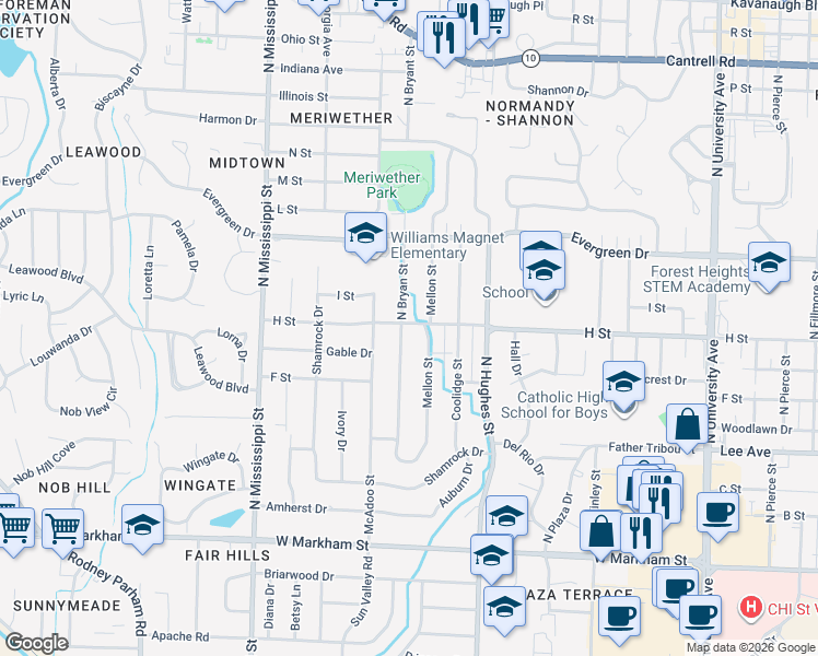 map of restaurants, bars, coffee shops, grocery stores, and more near 823 Bryant Street in Little Rock