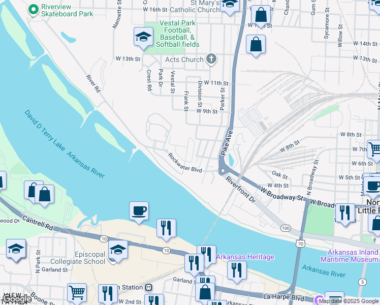 map of restaurants, bars, coffee shops, grocery stores, and more near 1302 West 4th Street in North Little Rock