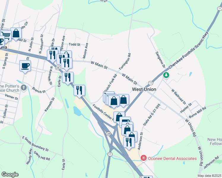 map of restaurants, bars, coffee shops, grocery stores, and more near 315 Dutch Fork Road in West Union