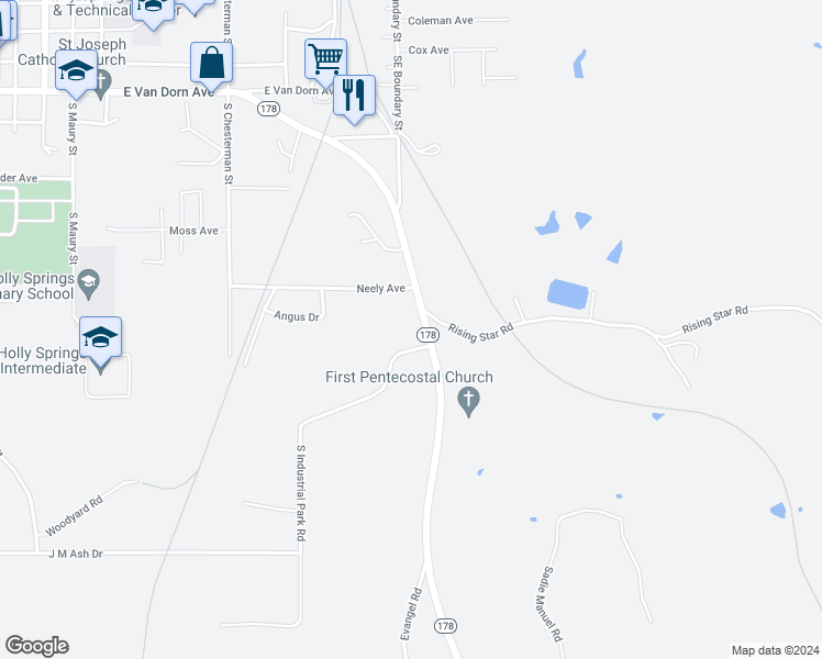 map of restaurants, bars, coffee shops, grocery stores, and more near 885 Mississippi 178 in Holly Springs