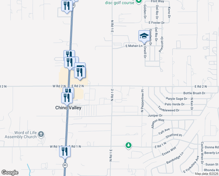map of restaurants, bars, coffee shops, grocery stores, and more near 980 North Road 1 East in Chino Valley