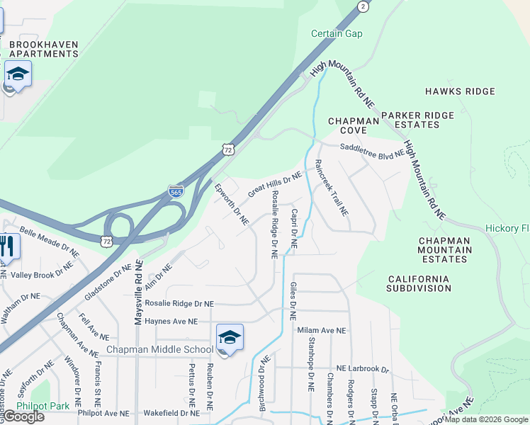 map of restaurants, bars, coffee shops, grocery stores, and more near 1931 Rosalie Ridge Drive Northeast in Huntsville