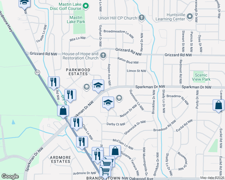 map of restaurants, bars, coffee shops, grocery stores, and more near 4701 Sparkman Drive Northwest in Huntsville