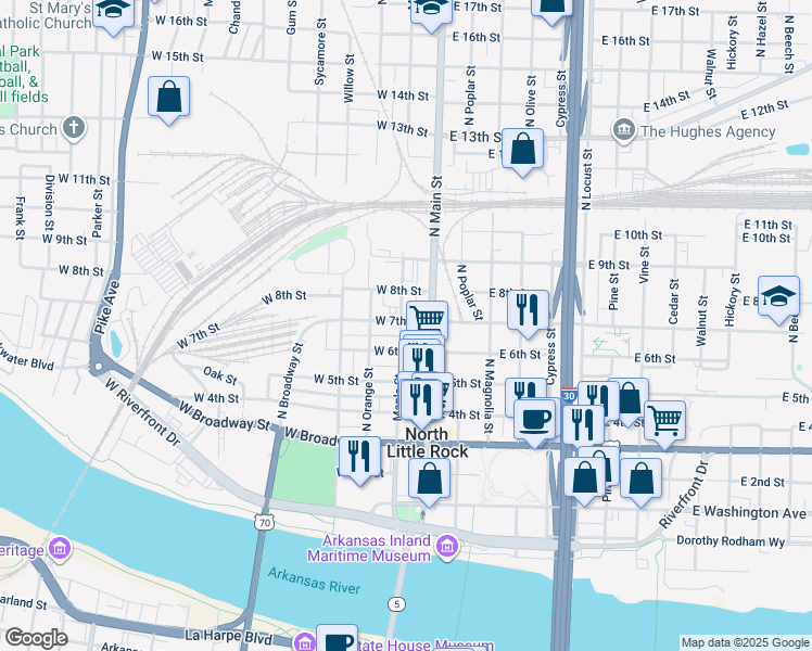 map of restaurants, bars, coffee shops, grocery stores, and more near 611 North Main Street in North Little Rock