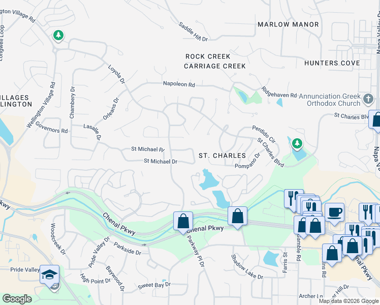 map of restaurants, bars, coffee shops, grocery stores, and more near 13900 Saint Michael Drive in Little Rock