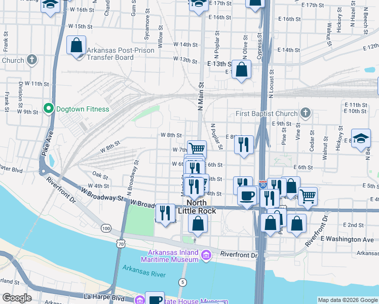 map of restaurants, bars, coffee shops, grocery stores, and more near 116 W 7th St in North Little Rock