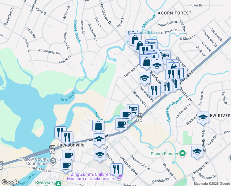 map of restaurants, bars, coffee shops, grocery stores, and more near 202 Phillips Road in Jacksonville