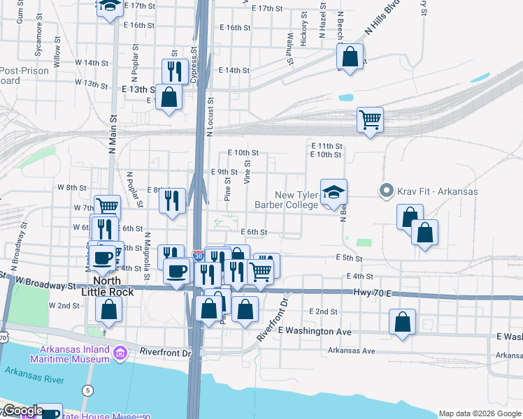 map of restaurants, bars, coffee shops, grocery stores, and more near 624 Vine Street in North Little Rock