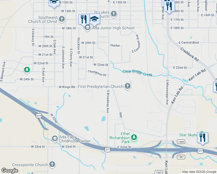map of restaurants, bars, coffee shops, grocery stores, and more near 110 East Kings Road in Ada