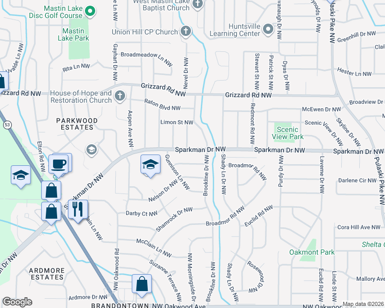 map of restaurants, bars, coffee shops, grocery stores, and more near 3904 Richland Drive Northwest in Huntsville