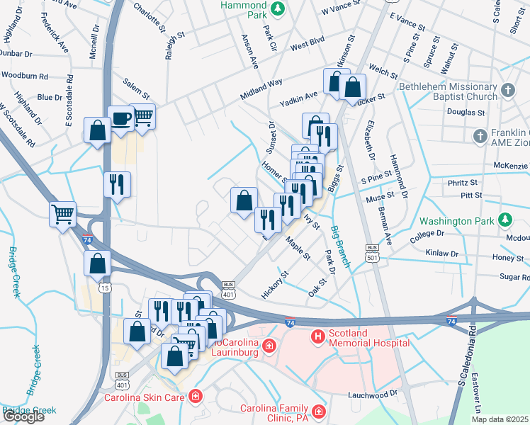 map of restaurants, bars, coffee shops, grocery stores, and more near 1341 Sunset Drive in Laurinburg
