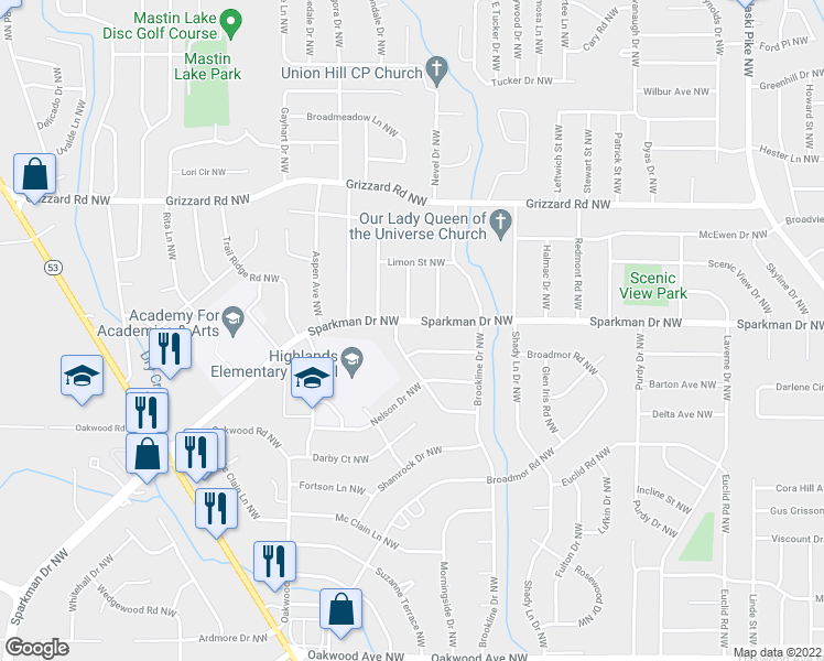 map of restaurants, bars, coffee shops, grocery stores, and more near 4517 Sparkman Drive Northwest in Huntsville