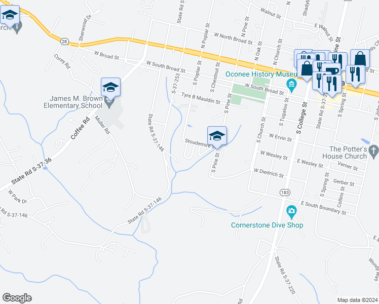 map of restaurants, bars, coffee shops, grocery stores, and more near 10 Pine Manor Circle in Walhalla