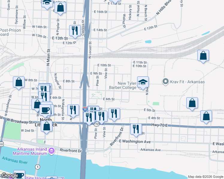 map of restaurants, bars, coffee shops, grocery stores, and more near 624 Vine Street in North Little Rock