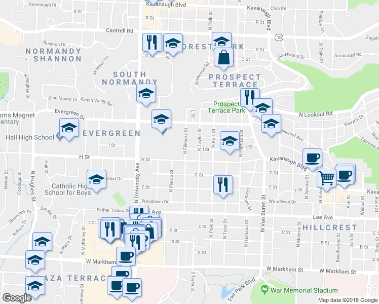map of restaurants, bars, coffee shops, grocery stores, and more near 900 North Fillmore Street in Little Rock