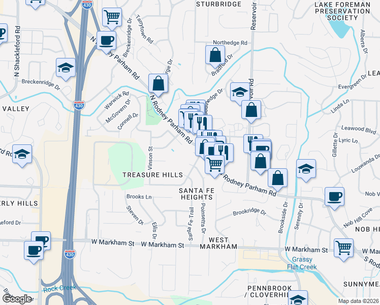 map of restaurants, bars, coffee shops, grocery stores, and more near 9807 Satterfield Drive in Little Rock