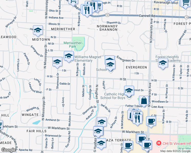 map of restaurants, bars, coffee shops, grocery stores, and more near 900 North Hughes Street in Little Rock